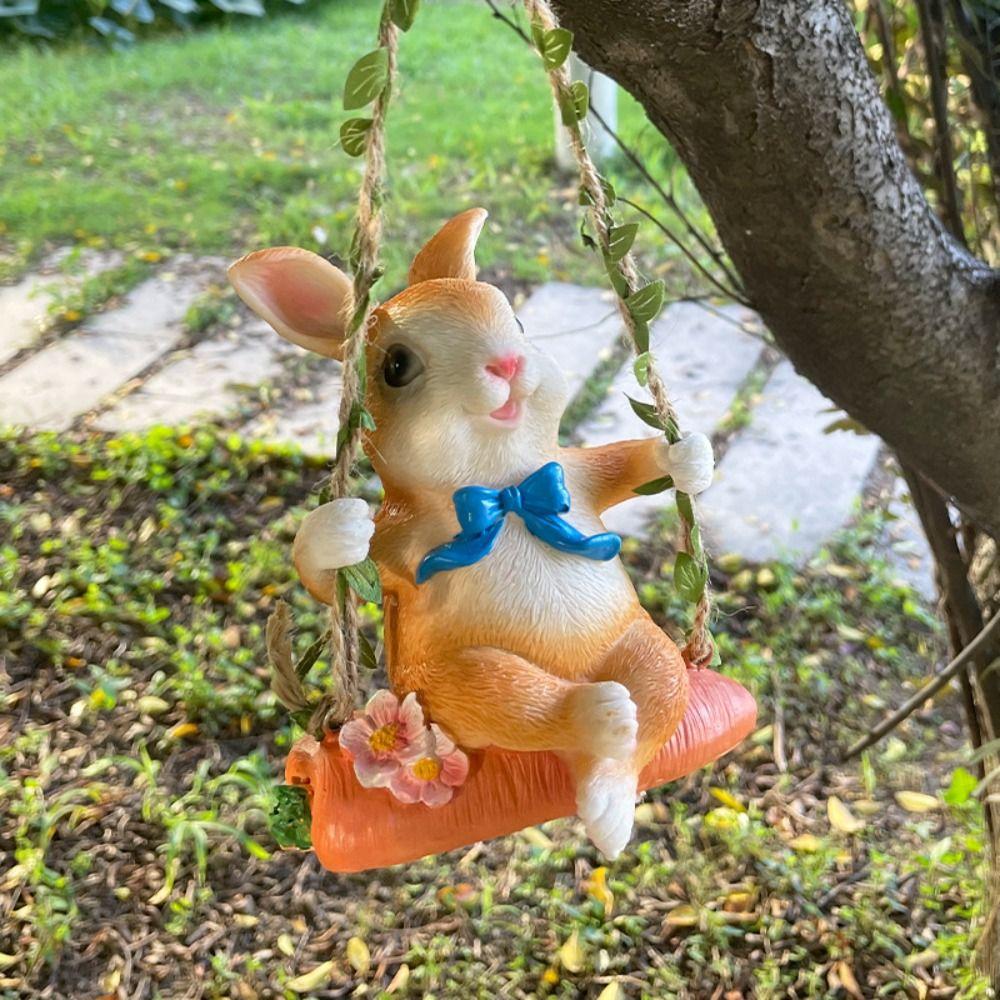 Resin Swing Rabbit Ornament Cute Miniatures Figurine Garden Decor Bunny Statue Pendant  Balcony