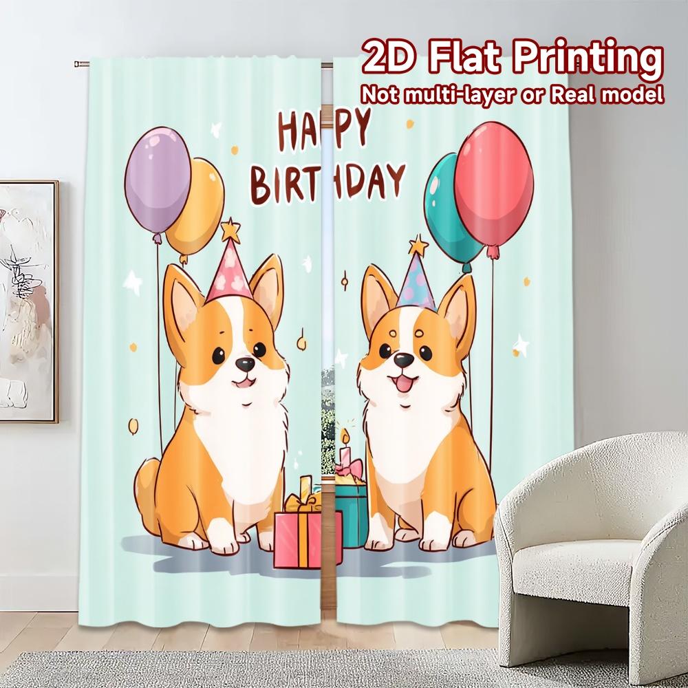 Set Of 2 Minimalist Flat Printing Curtains Without Rod Birthday Corgis Chic Durable Polyester Art Deco Curtain Made
