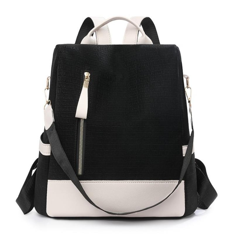 New Color Matching Backpack Women's Large-capacity Simple Anti-theft Commuter Book Bag Leather Fashionable Portable Shoulder Bag