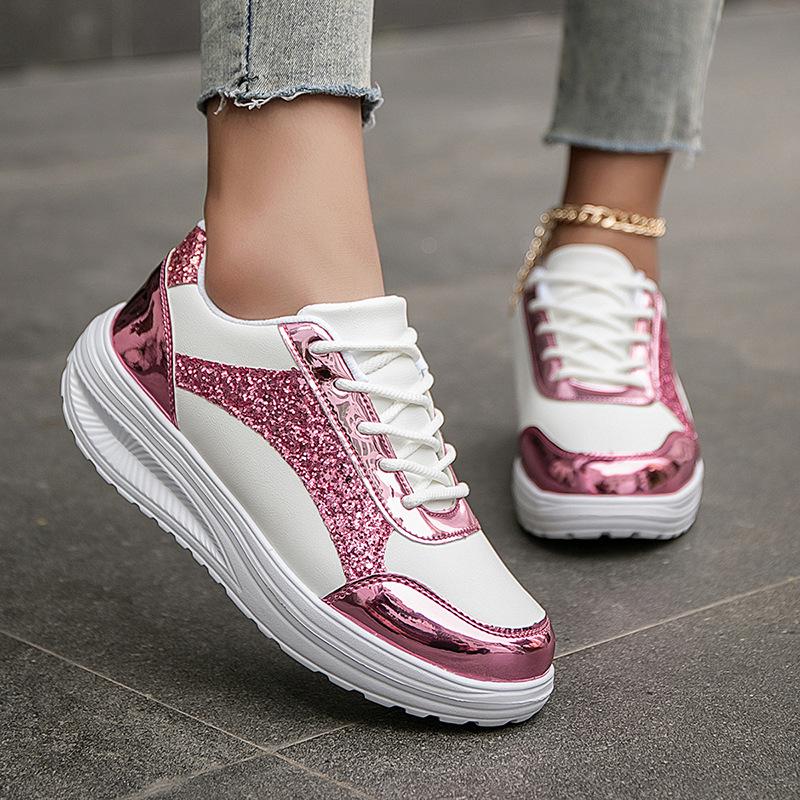 Spring Sequins Platform Sneakers Leather Lace up Casual Sport Shoes For Women Outdoors Non-slip Sneakers Thick Sole Shoes