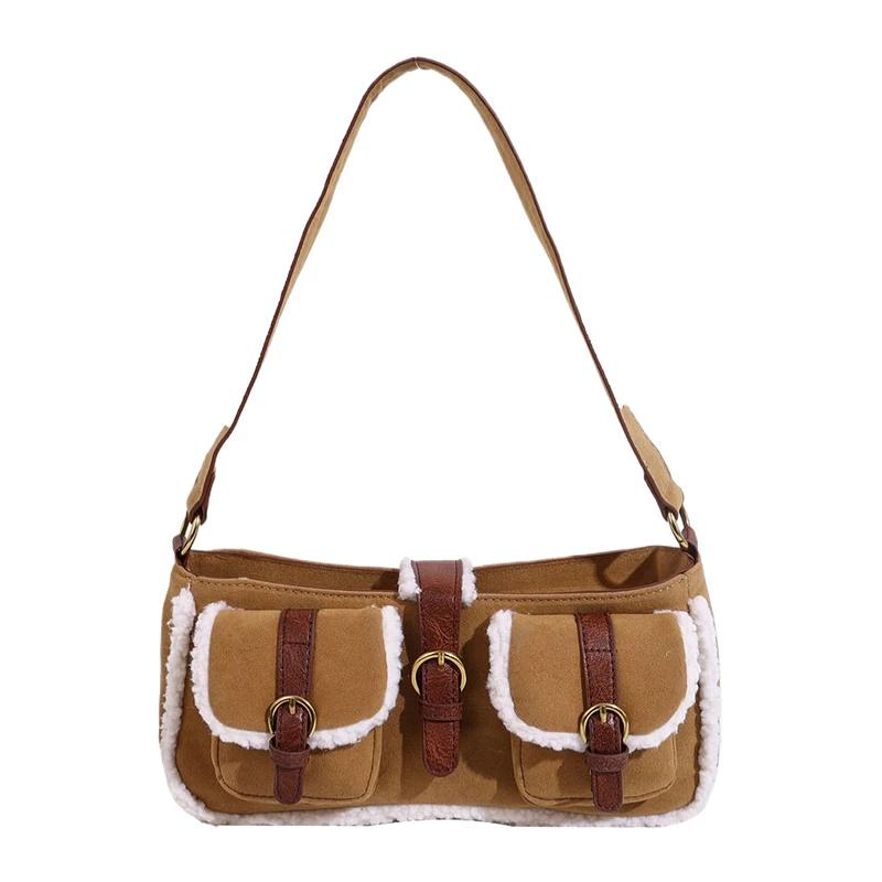 Versatile Fur Shoulder Bag  Suede Patch  Lamb's Wool  Retro Fur