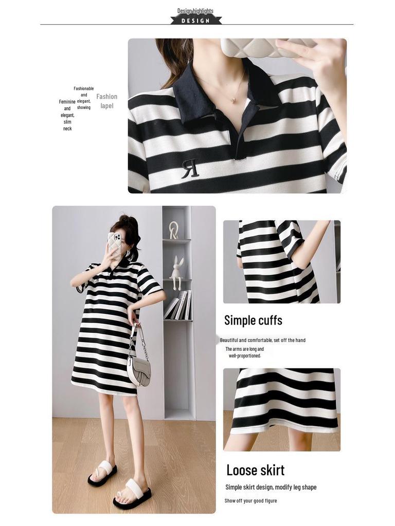 Fairy Striped Polo Maternity Summer Dress - Loose, Retro-Style for Comfort and Elegance