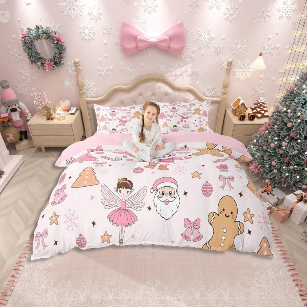 Homewish Girly Christmas Nutcracker Duvet Cover Set for Kids,Princess Cute Bowknot Bedding Set,Pink Abstract Stripes Bed Set