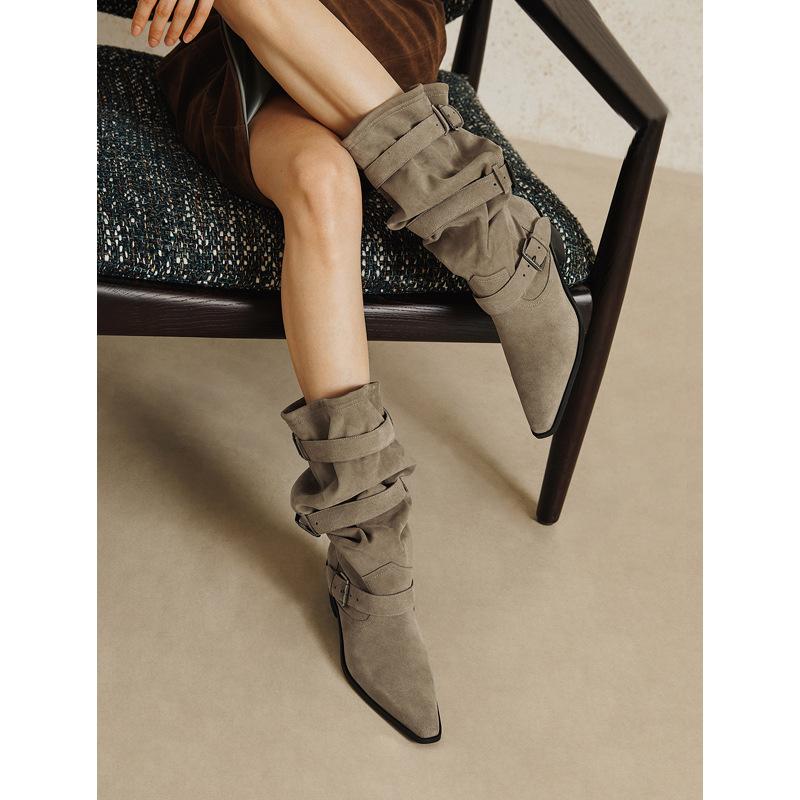 New spot suede pointed pile boots 2025 autumn and winter new western cowboy boots wasteland wind retro big tube