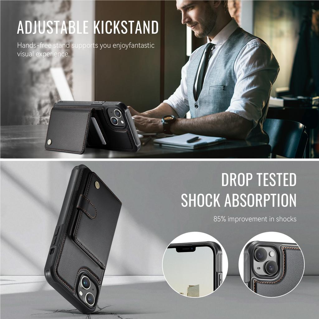For iPhone 15 Case JEEHOOD J09 RFID Blocking Card Holder Leather Back Phone Cover Compatible with MagSafe