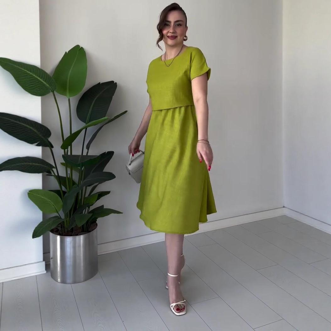 2025 Summer French Casual Loose High-Waisted Slimming Dress for Women XXXL светло-зеленый