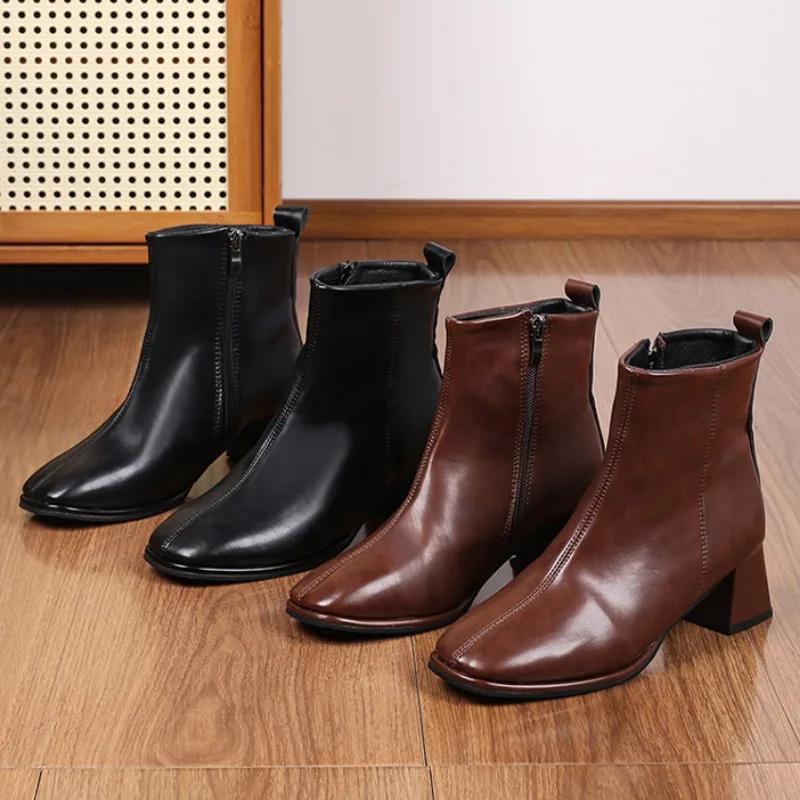 Módní dámské boty 2024 Horký výprodej Kotníkové dámské boty Módní boční zip Kancelář a kariéra Nové čtvercové podpatky Dámské Zapatos Mujer