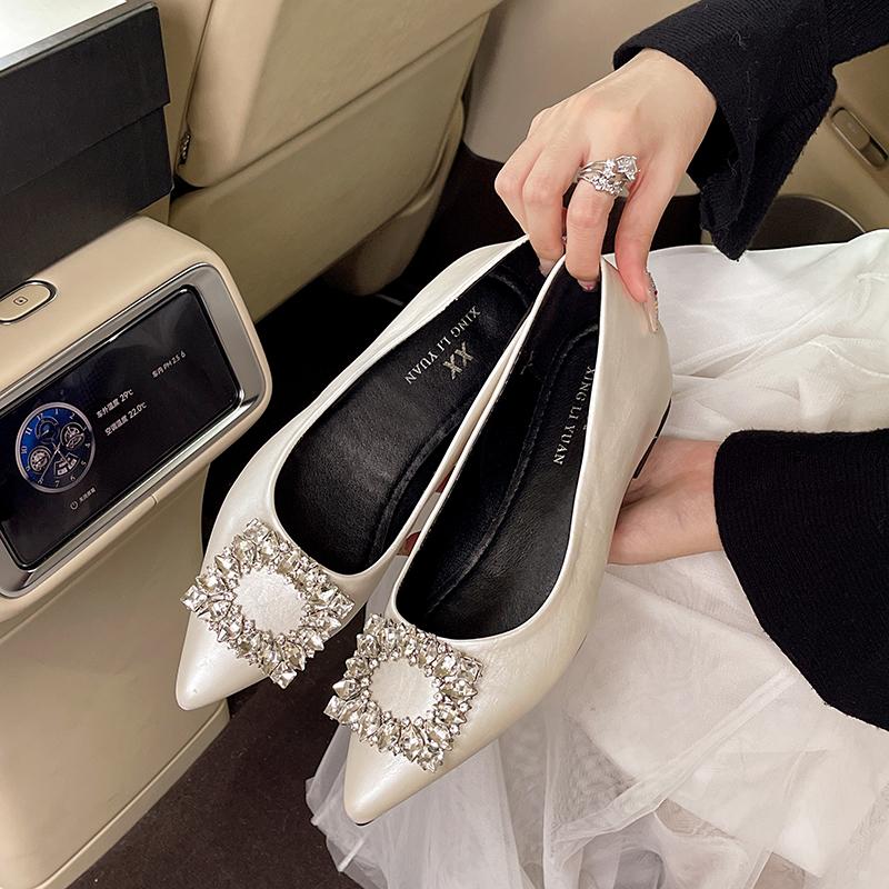 Fashion New Style Silver Inside Heightened Single Shoes Women's Autumn Pointed Toe Rhinestone Mary Jane Shoes Slip on Shallow Mouth
