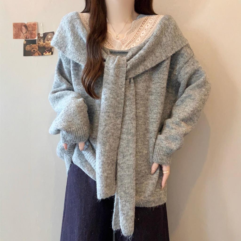 Lace shawl front shoulder knitted sweater women's early autumn loose fat mm fake two-piece top loose