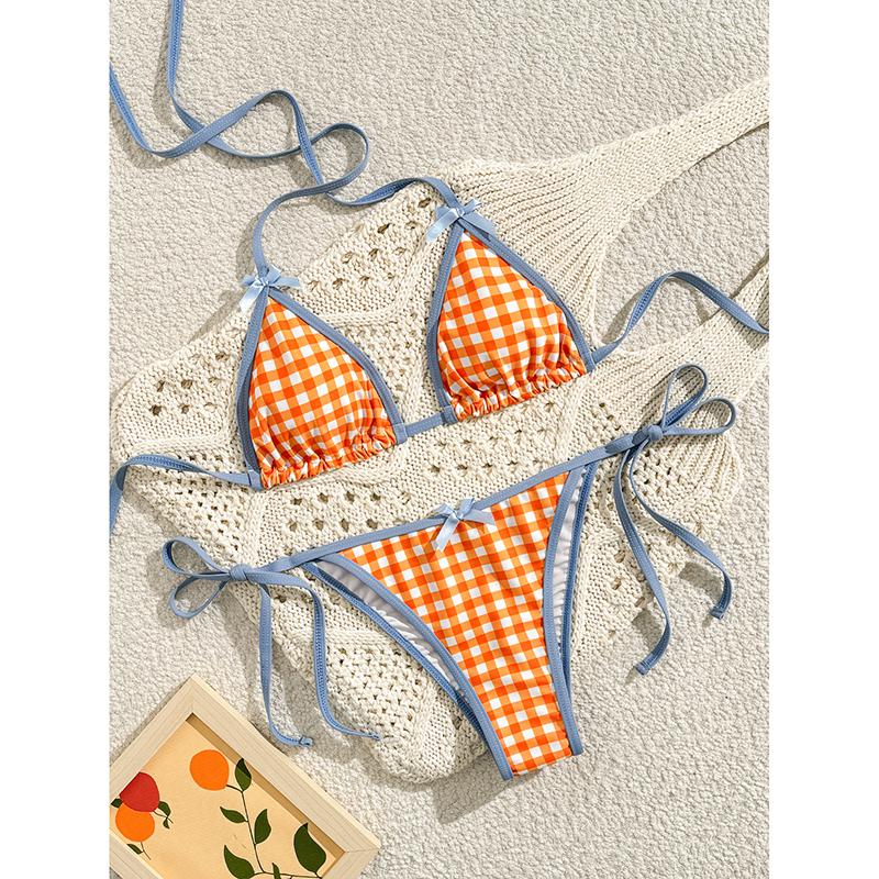 

Plaid Sexy Bikini Set Women Swimsuit Halter Lace Up Backless Two-Piece Swimwear Bathing Summer Fashion Holiday Beachwear XL помаранчевий