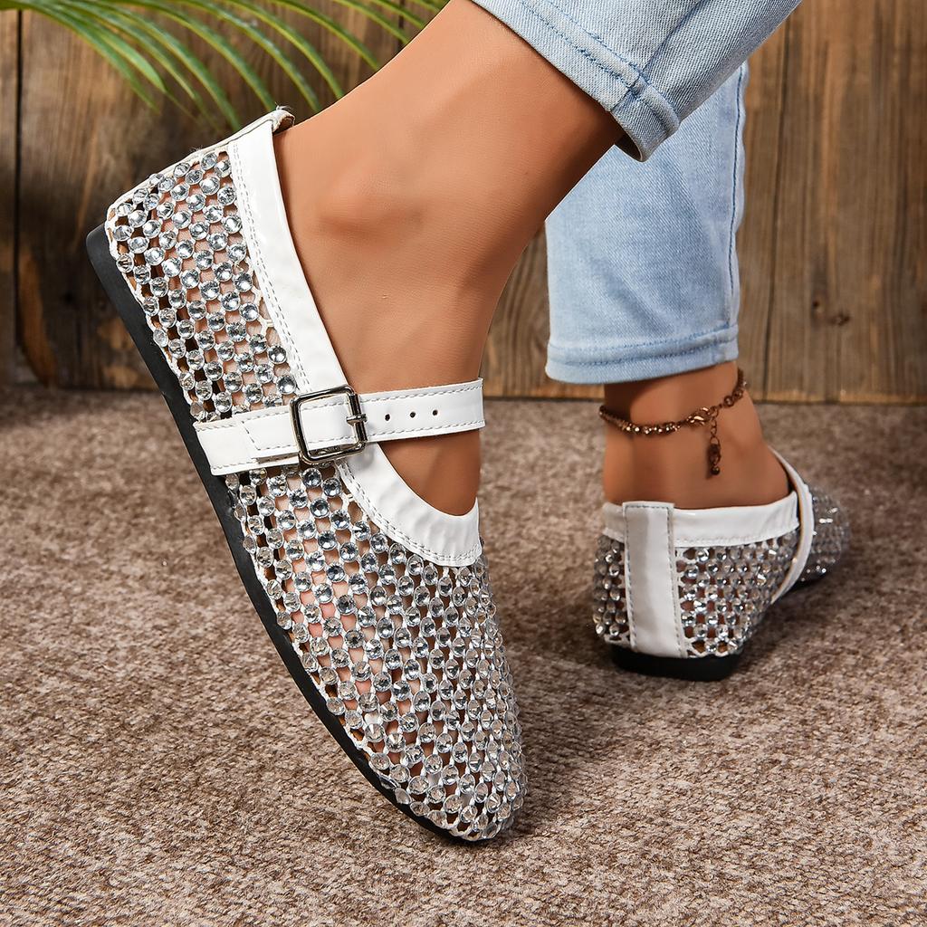 Fashion Women Sandals Mesh Rhinestone Women Ballet Flat Loafers Shoes Summer Luxury Sandals Ladies Round Toe Women Sandals  Womens Shoes