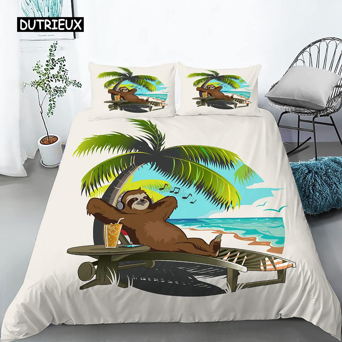 Luiaard Dekbedovertrek Set Eenpersoons Maat Cartoon Luiaard Dekbedovertrek Beddengoed Set voor Kinderen Meisjes Jongens Schattig Dier Polyester Dekbedovertrek 150x200cm 3pcs