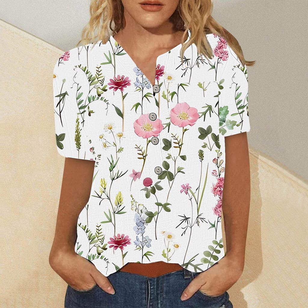 Women's Summer Casual Fashion Cotton Linen Printed Women's Short Sleeve Shirt Tops