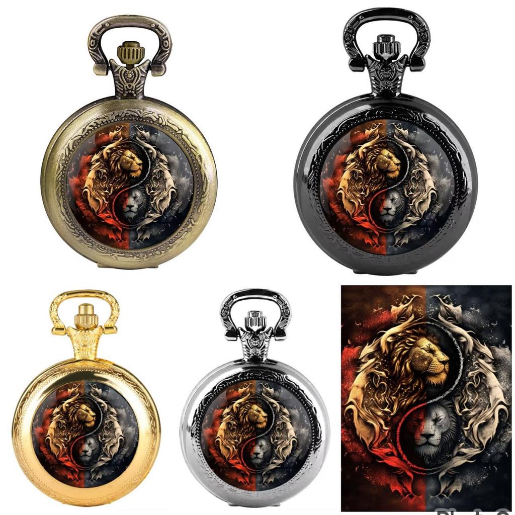 Vintage Retro Løve Leo Zodiak Astrologi Kinesisk Yinyang Kvarts Unisex Menn Kvinner Lommeur Kvarts Halskjede Anheng Klokke Kjede Klassisk Skive