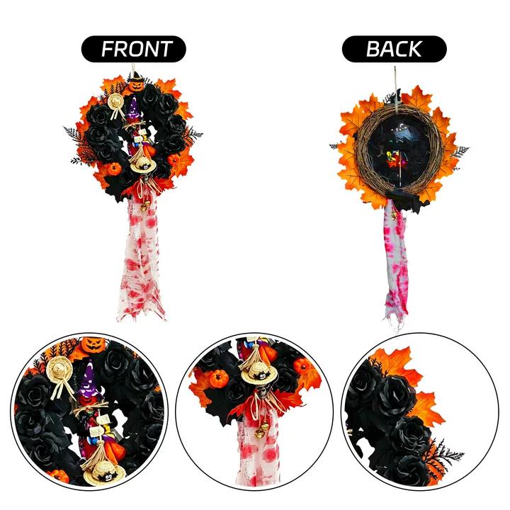 Halloween Black Rose Pumpkin Wreath with Witch Doll and Maple Leaf Decoration for Door