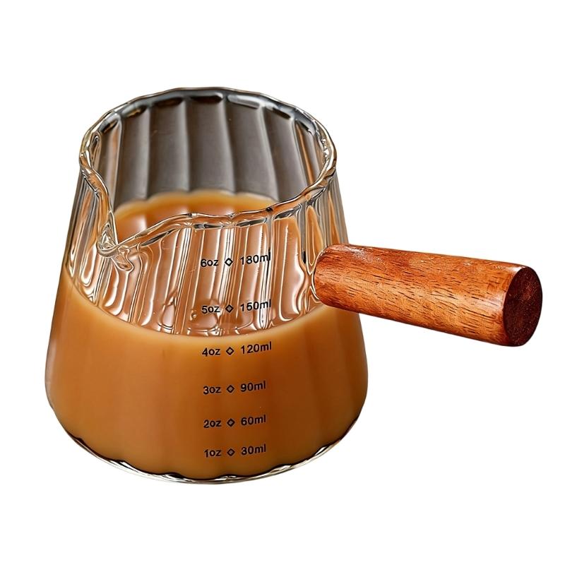 

Espresso Glass Measuring Cup with Wood Handle 180ml/6oz Capacity for Precise Milk and Coffee Pouring Heat Resistant