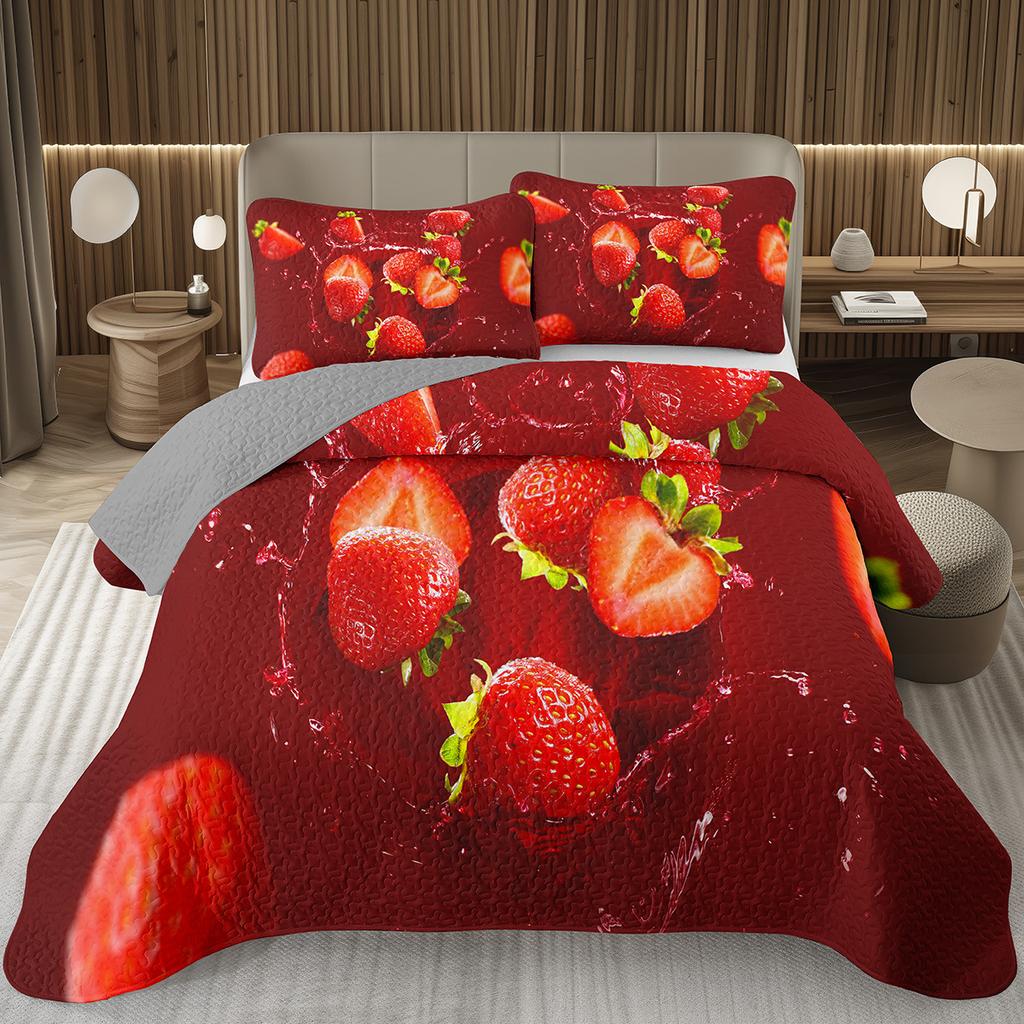 Strawberry Bedspread Kawaii Fruit Coverlet Twin King Size Cute Strawberries Quilt Set For Kids Girls Teens Adult Bedroom Decor