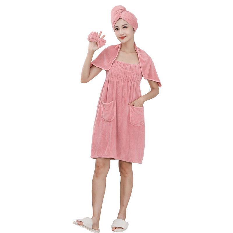 Women's Four-Piece Wearable Coral Fleece Bathrobe Set with Bath Skirt, Towel, Bandeau, and Sling