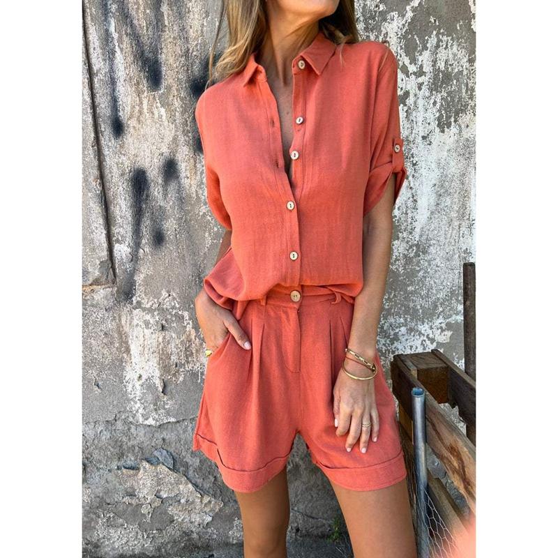 

Хлопково-льняной костюм футболка с коротким рукавом и шорты комплект из 2 предметов повседневный женский пляжный костюм M