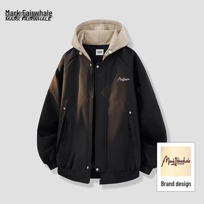 Men's American Retro Faux Two-Piece Hooded Workwear Jacket