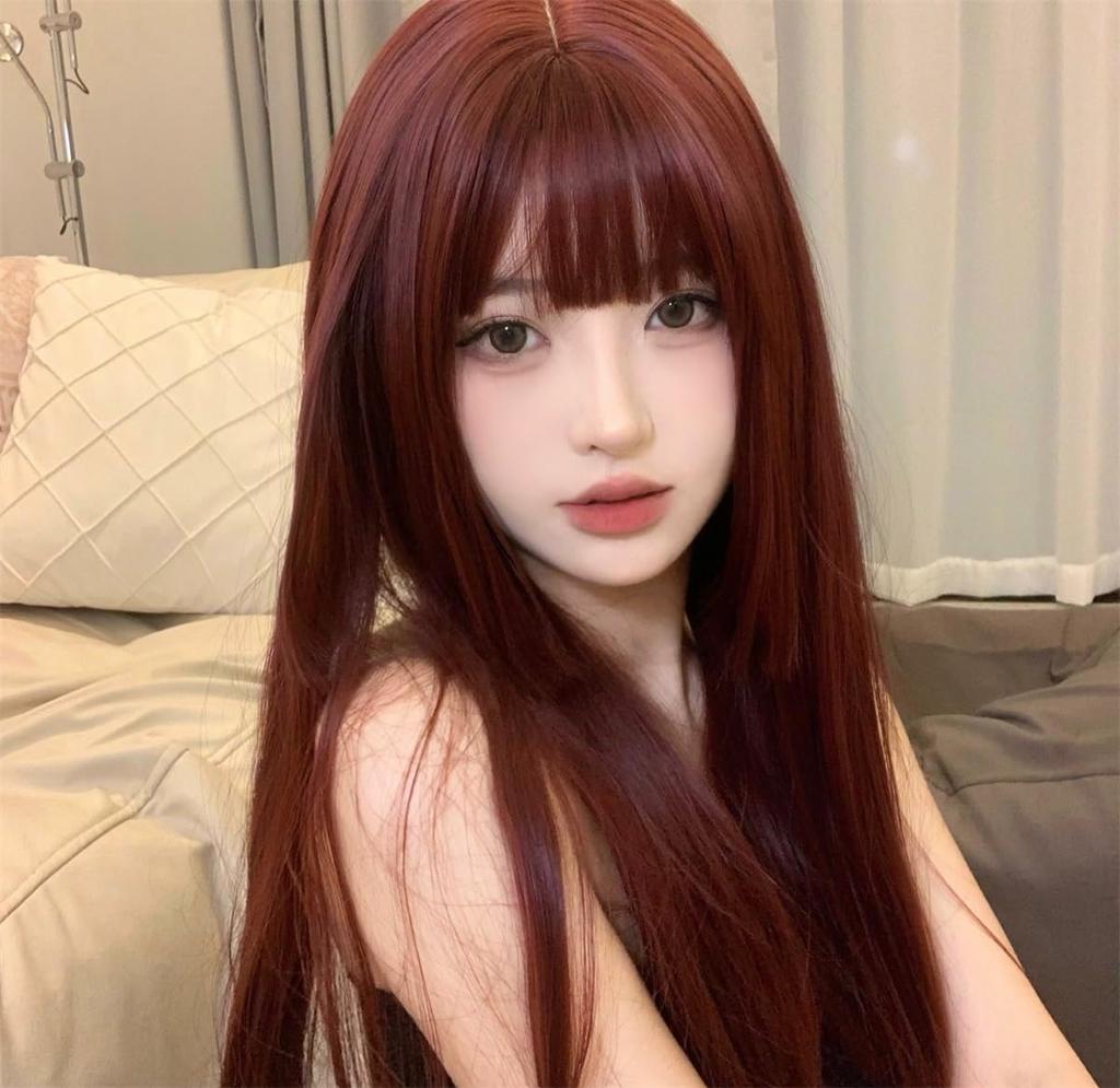 Eileen Cute Princess Cut Wine Red Wig Full Wig Wig Straight Natural Harajuku Style Popular Small Face Effect Net Included Semi-Long Women's