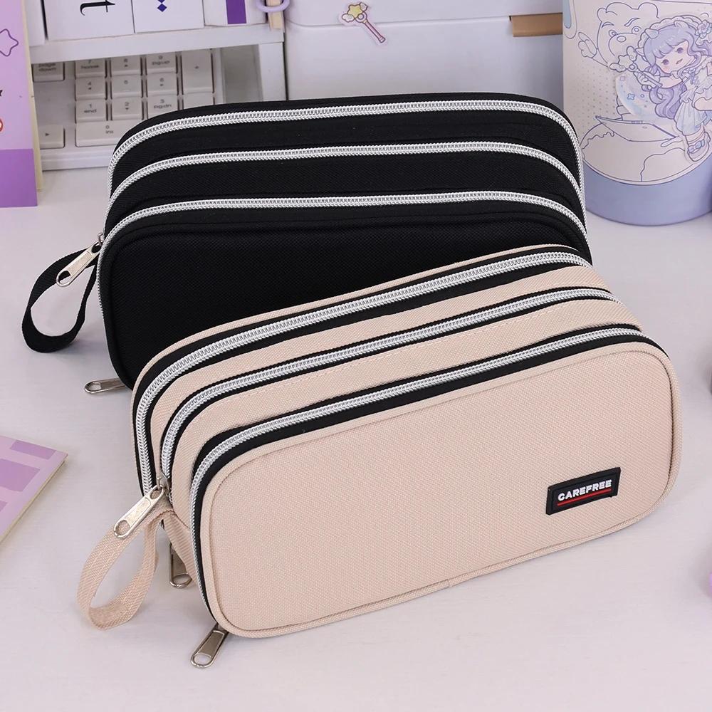 3 Compartment Pouch Double Side Opened Student Stationery Desk Organizer Makeup Bag Kawaii Pencil Case Large Space Storage