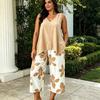 Damskie Zestawy 2-częściowe Plus Size Bez rękawów Dekolt V Top na ramiączkach i Spodnie Cropped w kwiaty Zestaw Letnie Stroje do wypoczynku