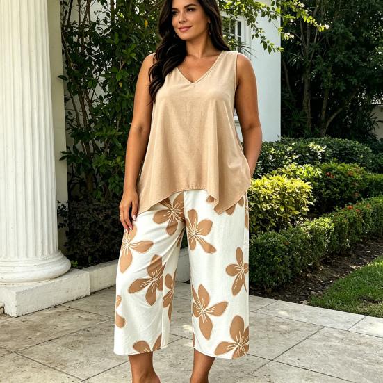 Damskie Zestawy 2-częściowe Plus Size Bez rękawów Dekolt V Top na ramiączkach i Spodnie Cropped w kwiaty Zestaw Letnie Stroje do wypoczynku
