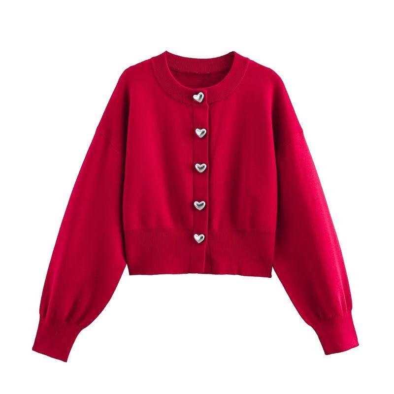 

Kaslead New Women clothes Western Style Fashion Heart Button Puffy Long sleeve Knitted Outerwear 5536032 Red L