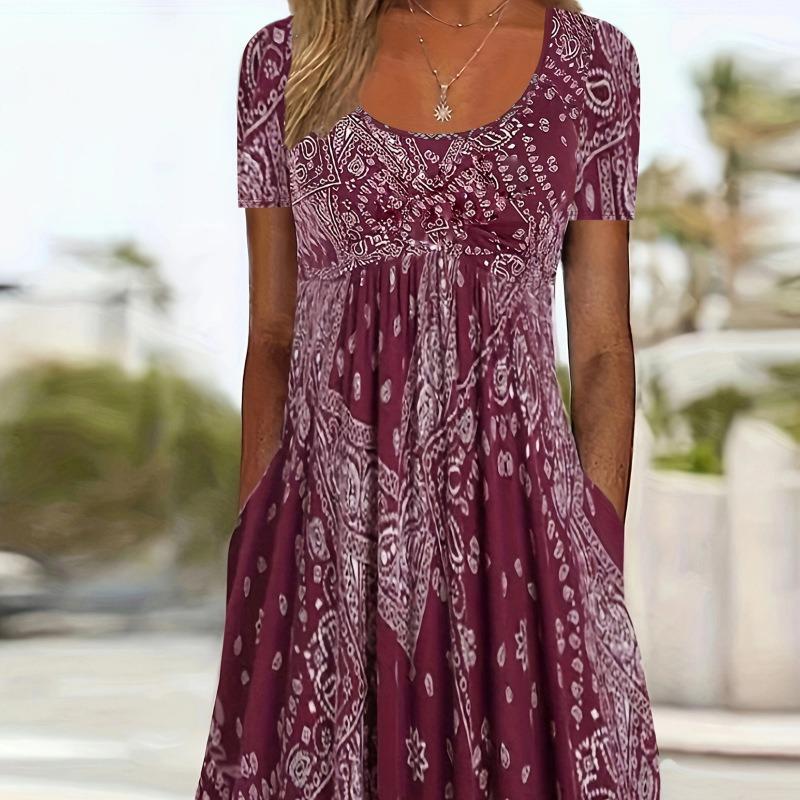 Midriff-length Short-sleeved Round-neck Vintage Print Comfortable Casual Style Pullover Long Dress