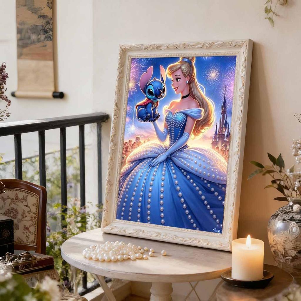 Disney Pearl Painting Cinderella and Stitch Ball Fantasy Creative Art 5D Exquisite Landscape Sparkling Craft Home Wall Decoration DIY Handmade Gift
