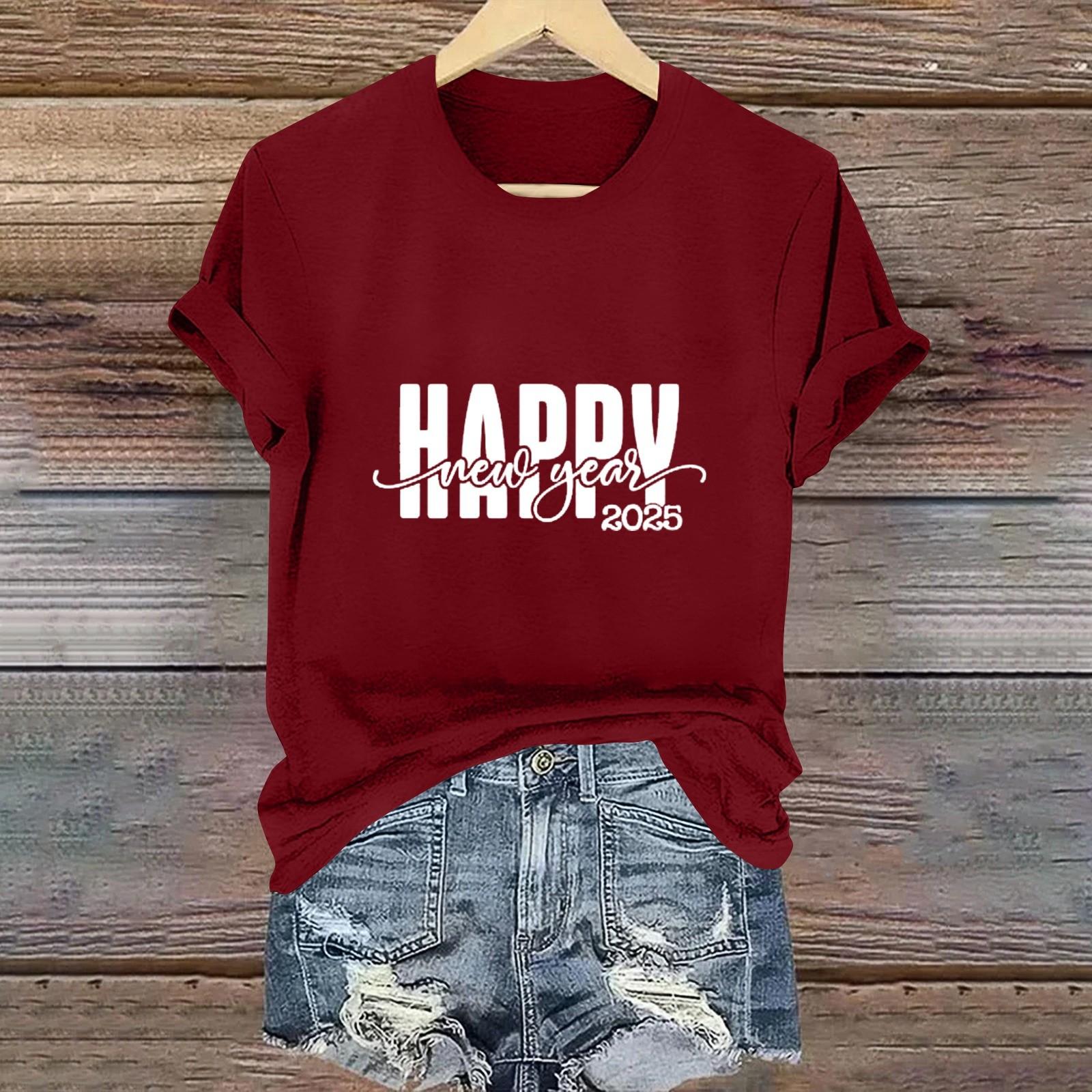 

Жіночі футболки з круглим вирізом і довгим рукавом 2025 Новий рік Сорочки з пуховими рукавами з принтом Блузки на ґудзиках Топи XL червоний