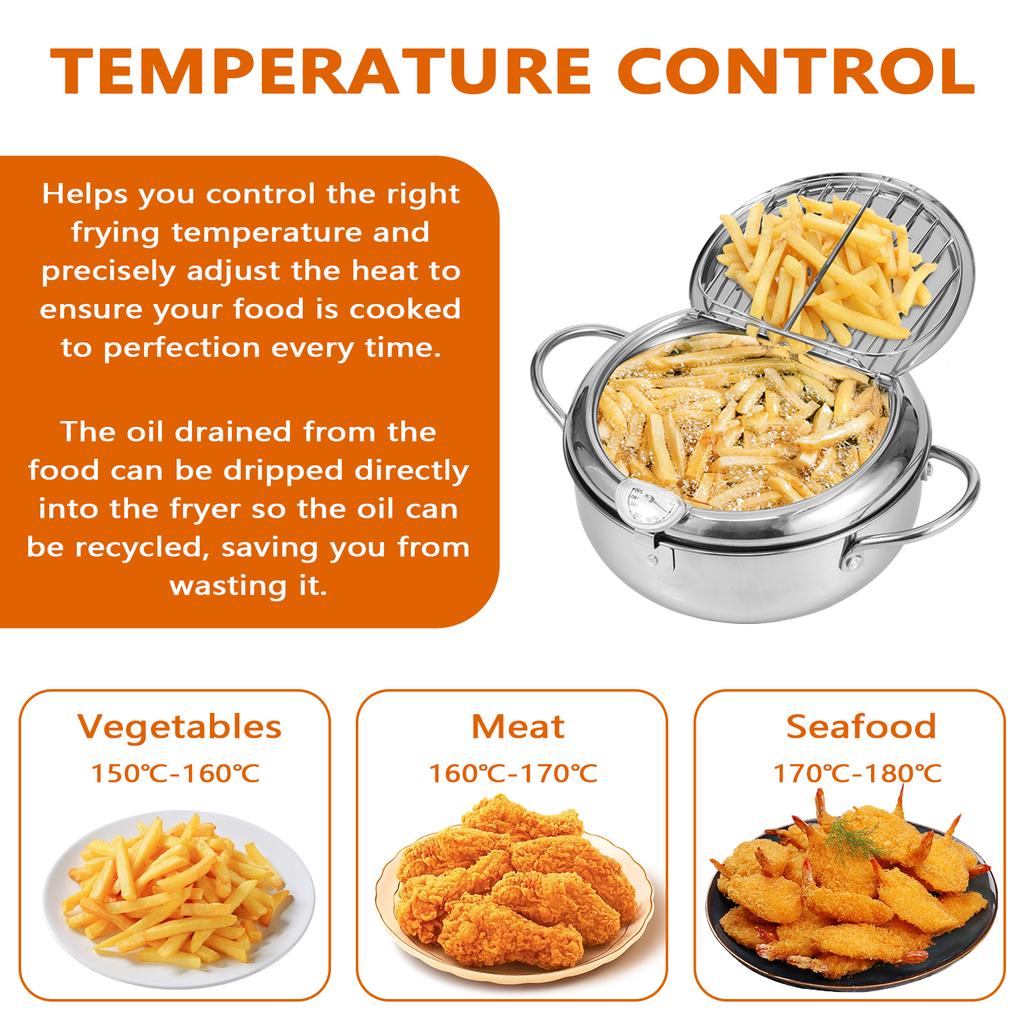 21/24/28 CM Deep Fryer Pot Stainless Steel Oil Pan with Strainer Basket and Thermometer Tempura Oil Fryer for Cooking Kitchen
