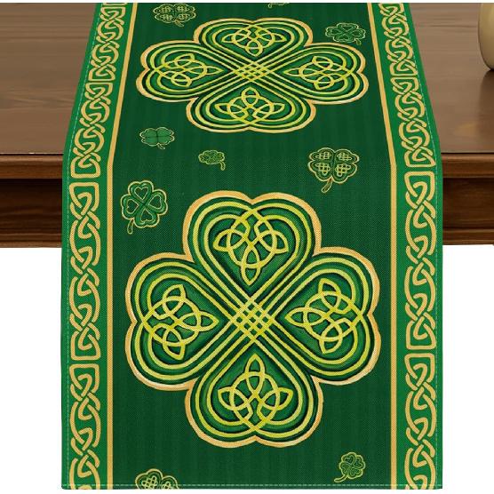 St.Patrick's Day Green Shamrocks Buffalo Plaid Table Runner 13x72 Inch Spring Holiday Clover Kitchen Dining Table Decor for Indoor Outdoor Farmhouse