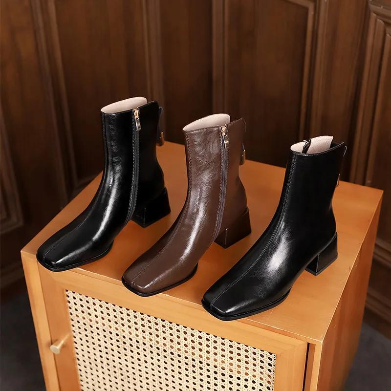 Ghete de gleznă noi pentru femei Casual Fermoar Tocuri pătrate Modă Gri/Negru/Maro Botine scurte Toamnă Iarnă 2025 Pantofi damă