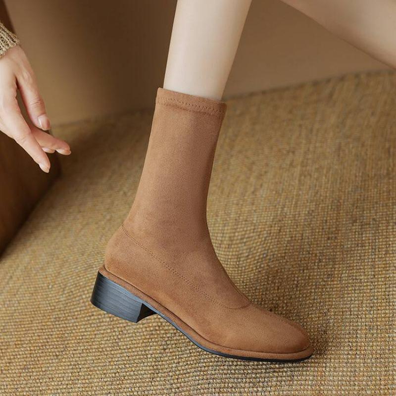 Autumn and winter comfortable suede elastic medium boots women's rubber soles square heel leather boots square head Korean version of the new knig