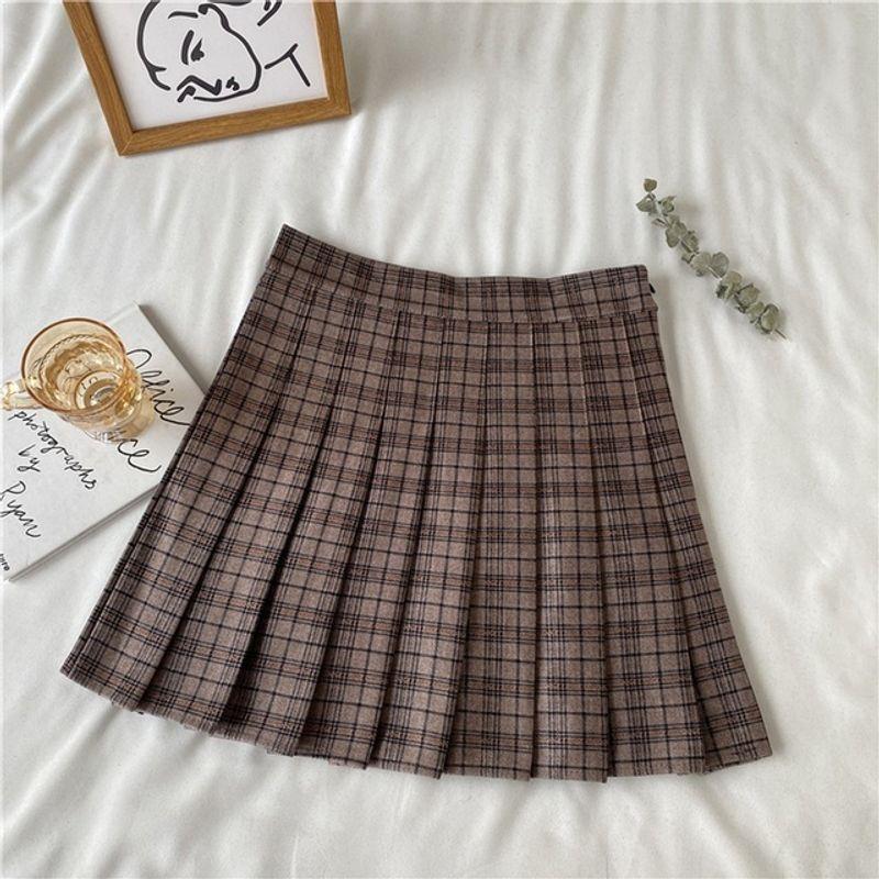 High Waist A- Line Plaid JK Pleated Skirt High Waist Gingham JK Pleated Skirt