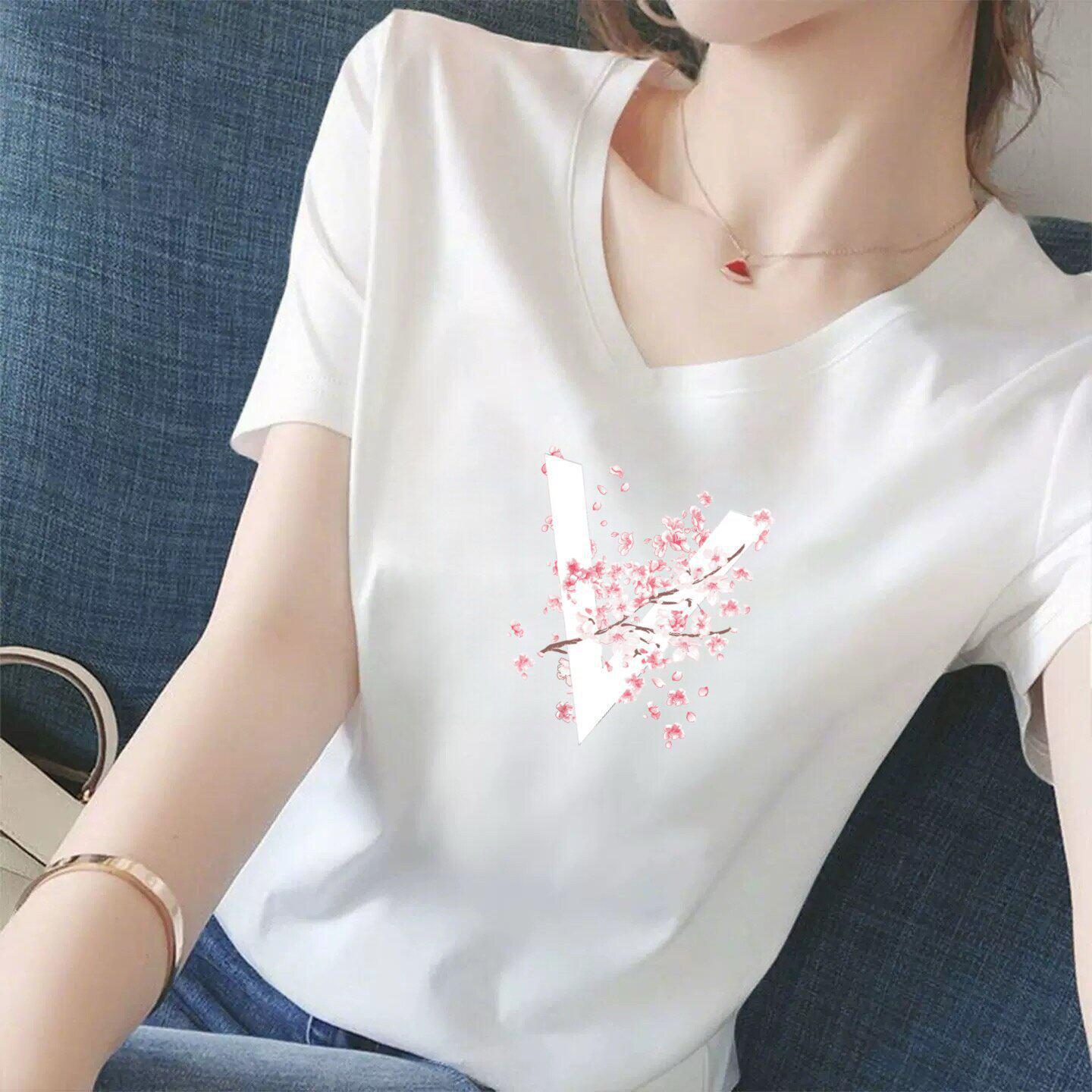 

Women s Popular White V-Neck Printed Loose Slim Fit Short Sleeve T-Shirt XL