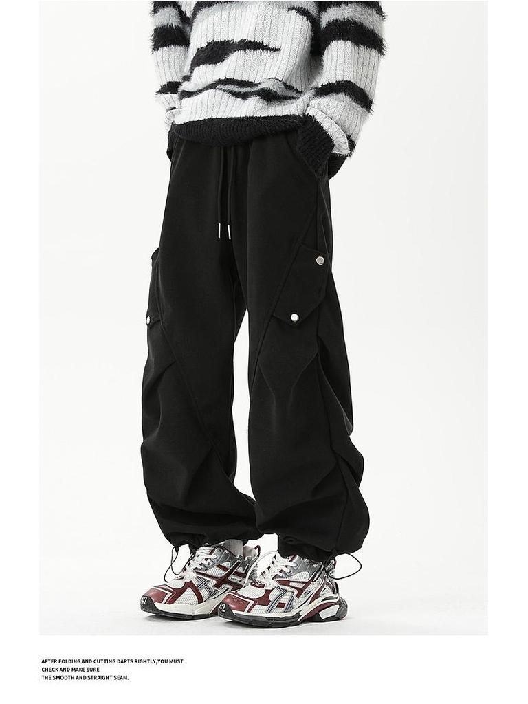 Men's Trendy Spring/Autumn Pleated Wide-Leg Overalls - Stylish, Handsome, and Casual Straight-Leg Trousers.