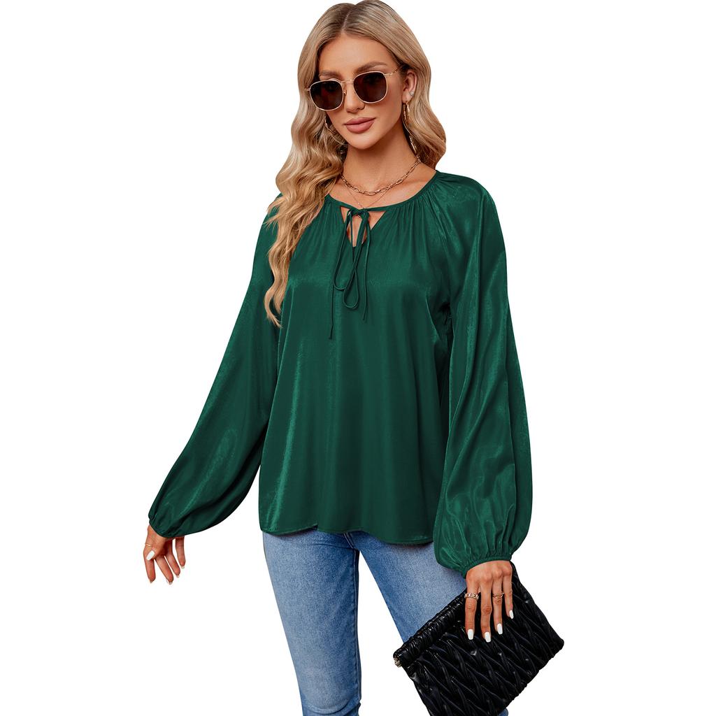 Spring and Autumn Women's Blouse Lantern Long Sleeve Top Large Size V-Neck Tie Tops