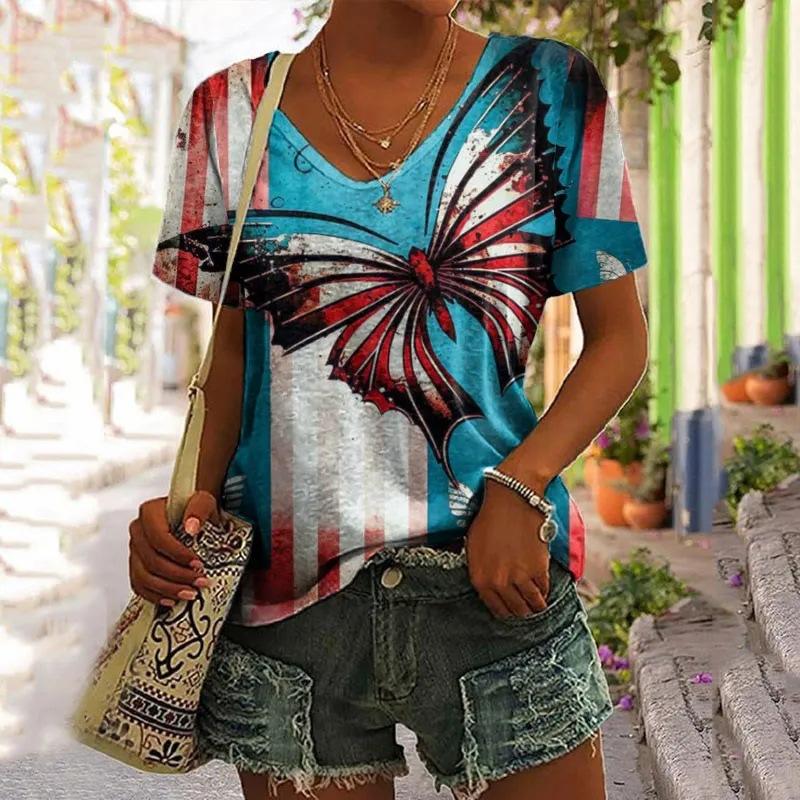 Summer V-neck 3D Flower Butterfly Printed Top Fashionable Casual Short Sleeved Women's T-shirts