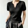 Women's White Hollow Diamond Knit Notch V Neck Slim Short Sleeve Knit Top