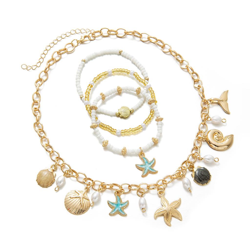 Bohemian Ocean Style Necklace and Bracelet Set with Imitation Starfish, Shell and Pearl Pendants