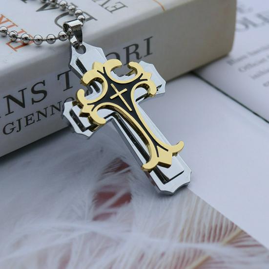 2024 Trending Titanium Steel Three-Layer Cross Pendant Necklace for Men