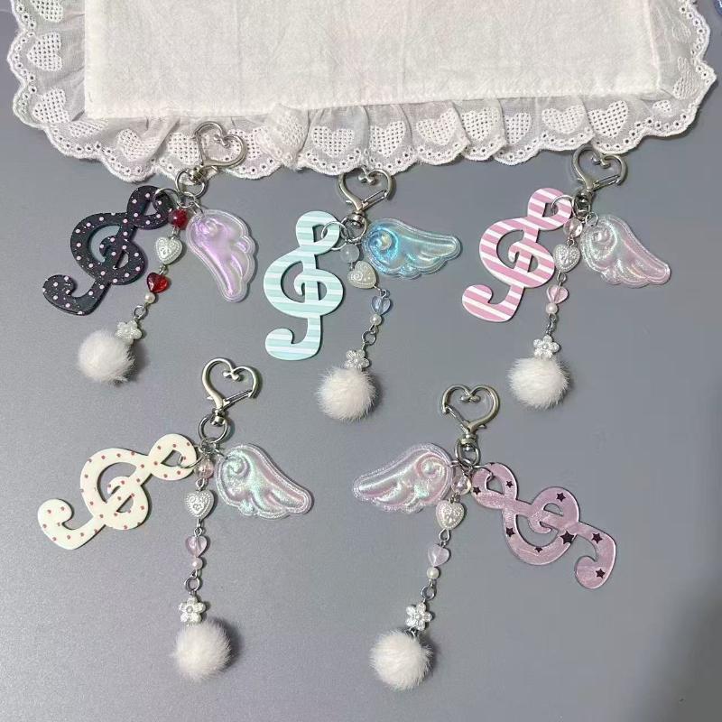 Creative Y2K Harajuku Wave Dot Striped Star Musical Notes Wings Keychain Sweet Cute Bag Pendant Decoration Accessories