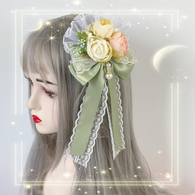 Green Yellow Lace Hairpin Fairy Hair Accessories Bow Hair ClipSummer Versatile Lolita Top Hat