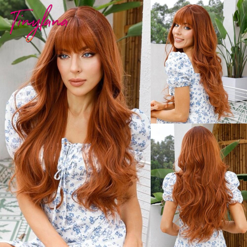 Long Blonde Wavy Synthetic Wigs with Bangs Lolita Cosplay Blonde Halloween Natural Wave Hair Wigs for White Women Heat Resistant