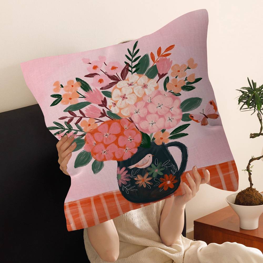 Pink Flower Market Vase Floral Plant Pillow Cover Sofa Cushion Cover Home Room Decoration Children Gift