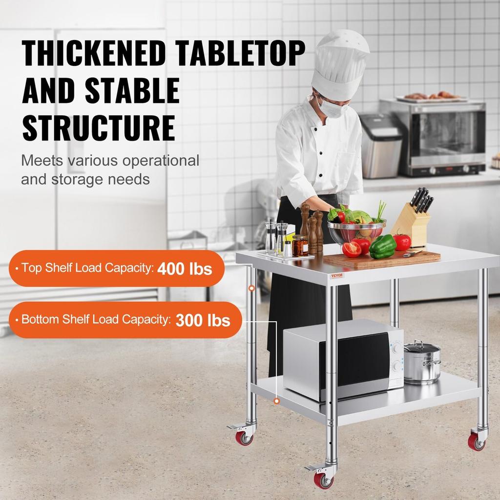 Stainless Steel Catering Work Table 30x36 Inch Commercial Kitchen Table with 4 Wheels Commercial Food Prep Workbench With Flexible Adjustment Shelf