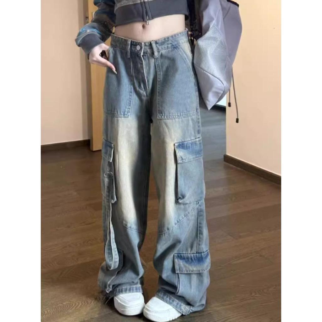 Belle Cie Wide Cargo Denim Street Style Women's Pants, (ST/No. 27881) (L)